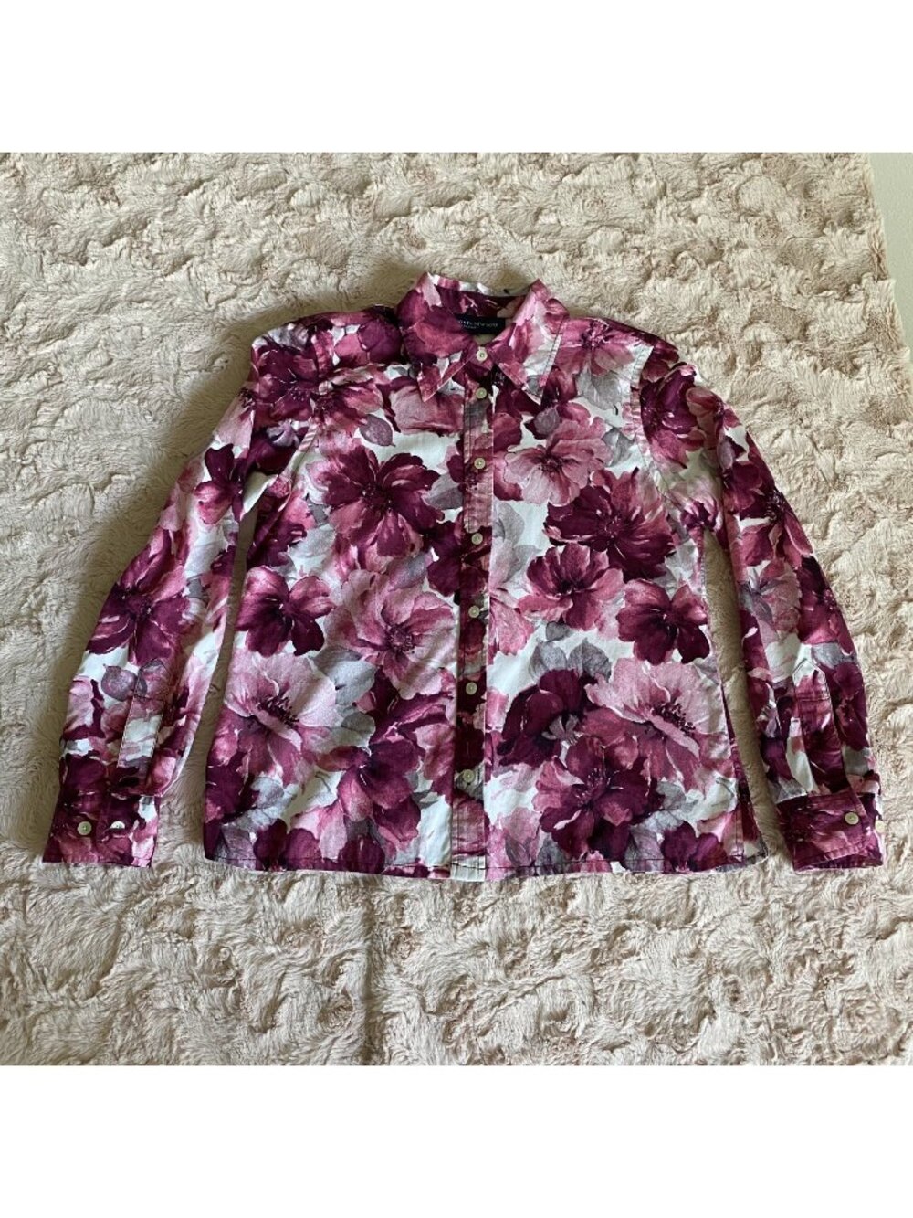 Jones New York Signature Womens Medium Purple Pink Grey Floral Button Shirt